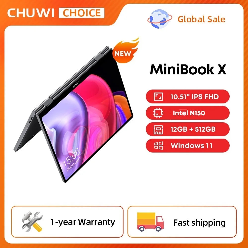 CHUWI MiniBook X Laptop Tablet 2 In 1 Intel N150 CPU 10.51" FHD IPS Screen 12GB LPDDR5 512G SSD Windows 11 Notebook 1200*1920